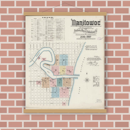 Old map wall art mockup — magnetic wood frame on brick wall — Sanborn Fire Insurance Map from Manitowoc, Manitowoc County, Wisconsin (1887) - Complete Map Set