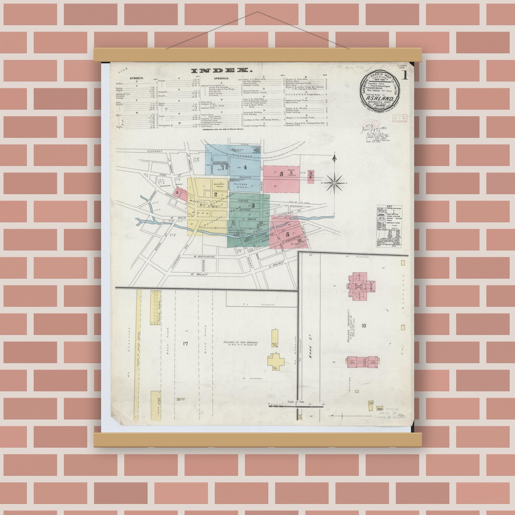 Old map wall art mockup — magnetic wood frame on brick wall — Sanborn Fire Insurance Map from Ashland, Ashland County, Ohio (1893) - Complete Map Set