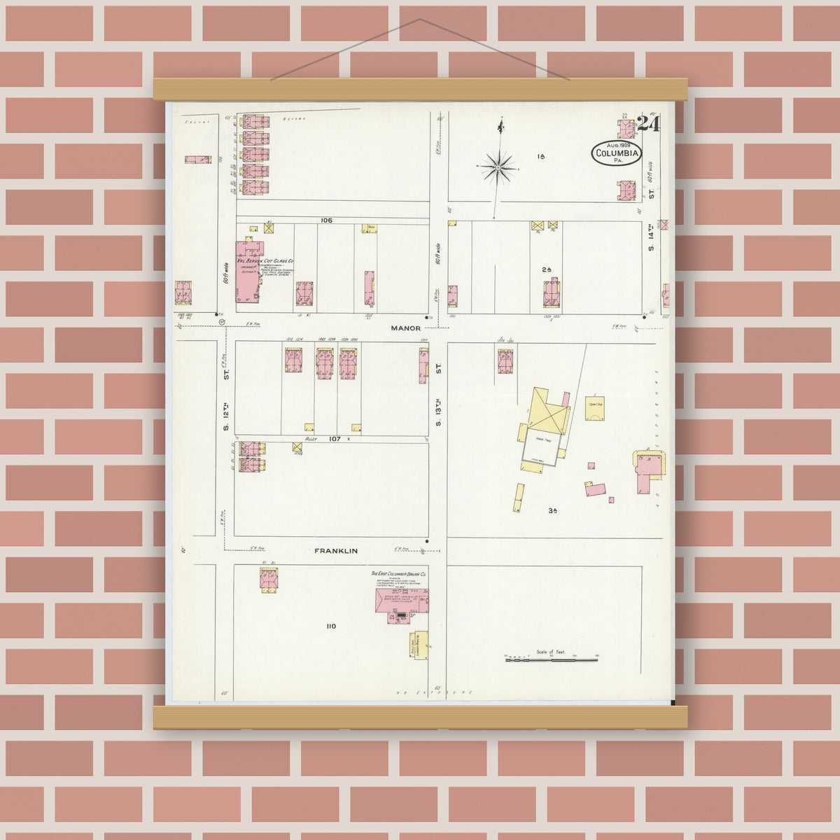 Old map wall art mockup — magnetic wood frame on brick wall — Sanborn Fire Insurance Map from Columbia, Lancaster County, Pennsylvania (1909), Sheet #0024