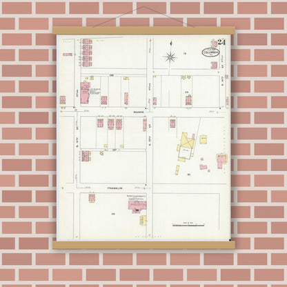 Old map wall art mockup — magnetic wood frame on brick wall — Sanborn Fire Insurance Map from Columbia, Lancaster County, Pennsylvania (1909), Sheet #0024