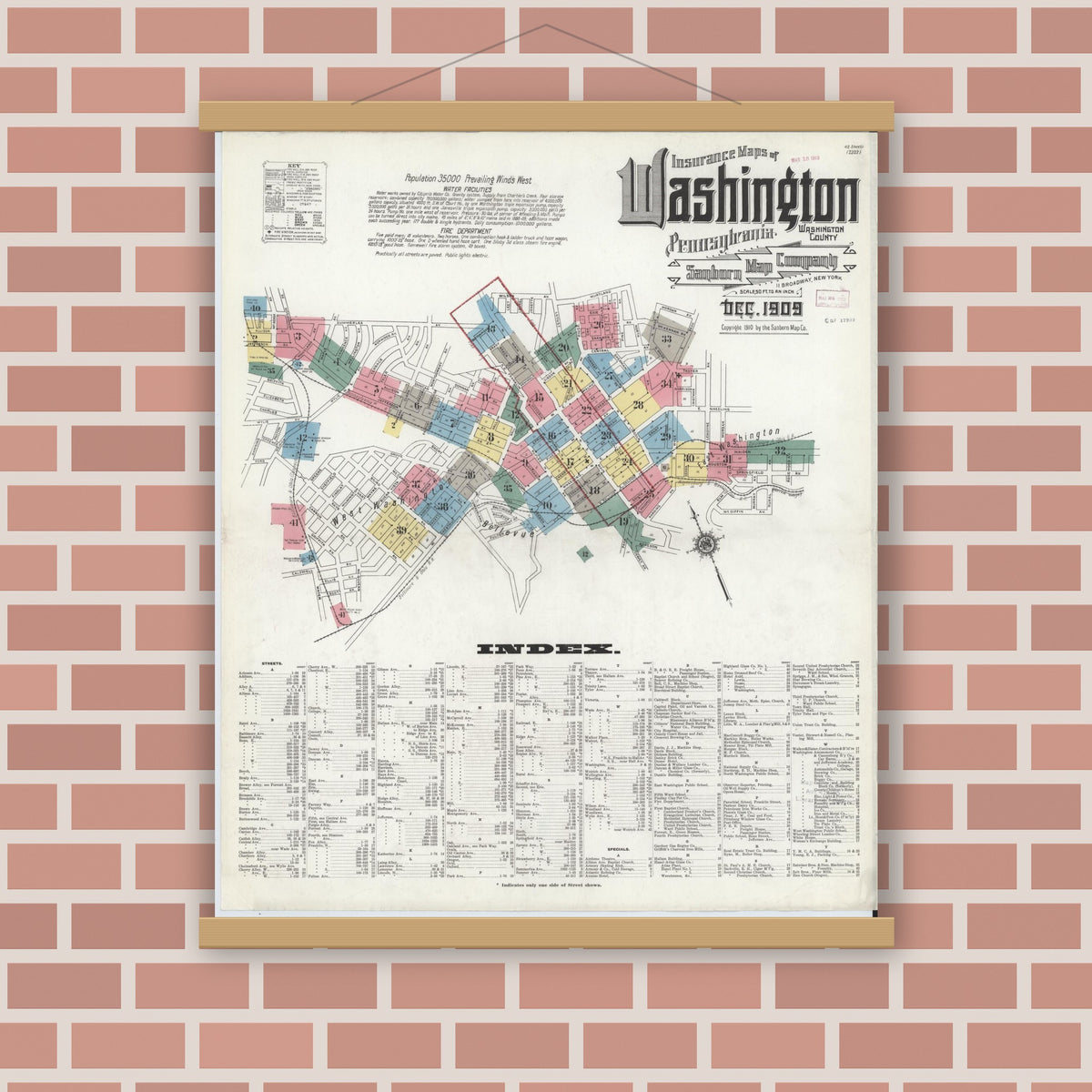 Old map wall art mockup — magnetic wood frame on brick wall — Sanborn Fire Insurance Map from Washington, Washington County, Pennsylvania (1909), Sheet #0001