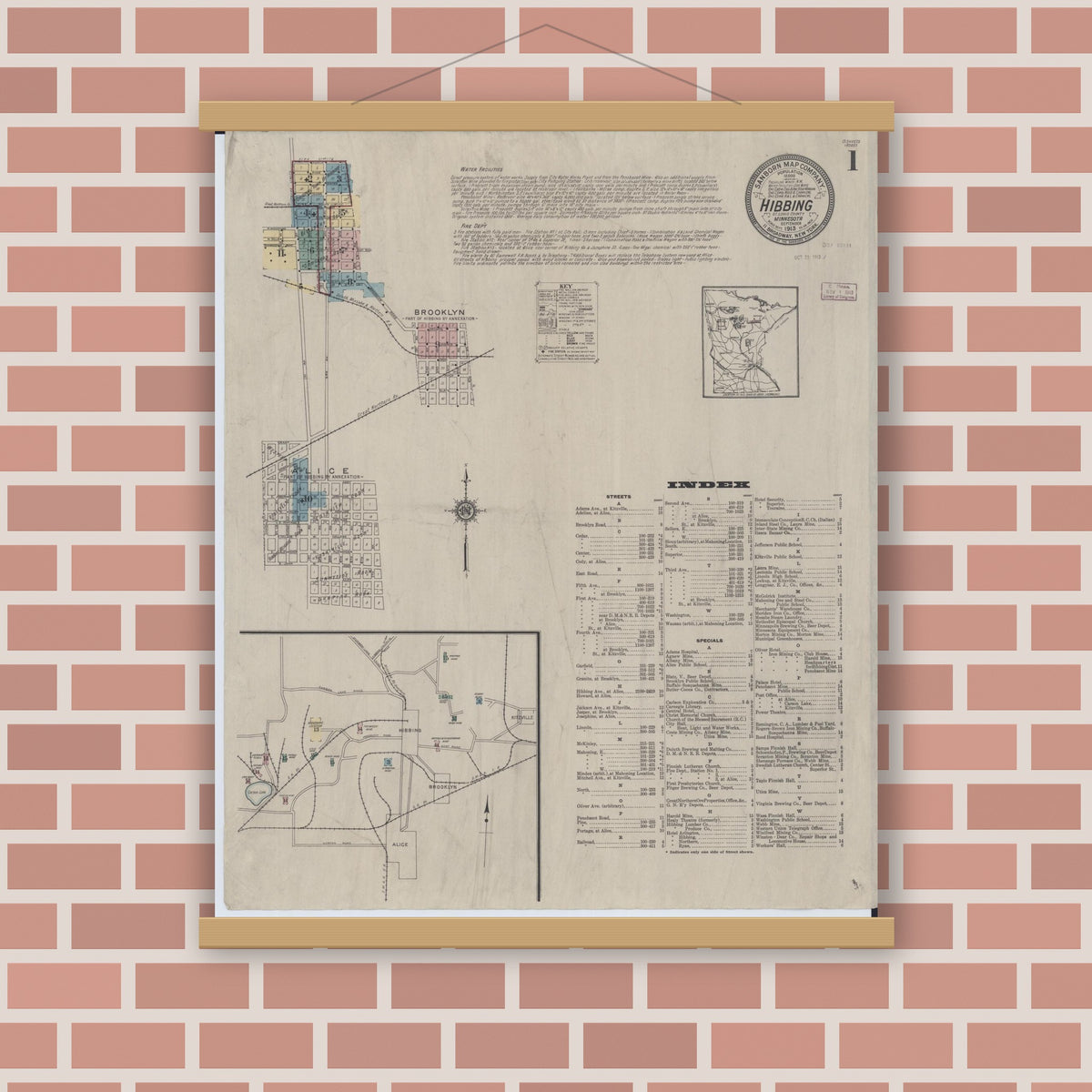 Old map wall art mockup — magnetic wood frame on brick wall — Sanborn Fire Insurance Map from Hibbing, Saint Louis County, Minnesota (1913), Sheet #0001