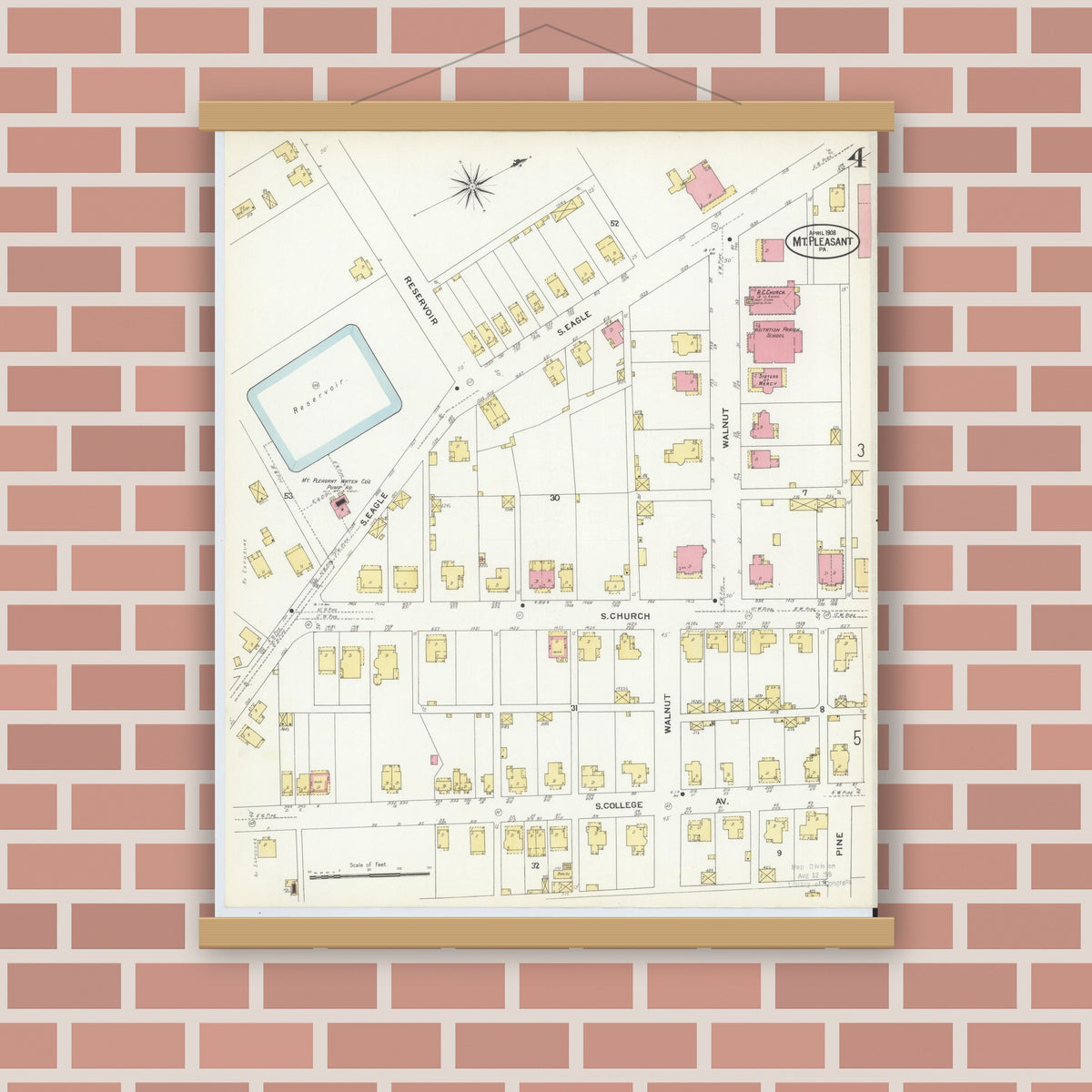 Old map wall art mockup — magnetic wood frame on brick wall — Sanborn Fire Insurance Map from Mount Pleasant, Westmoreland County, Pennsylvania (1908), Sheet #0004