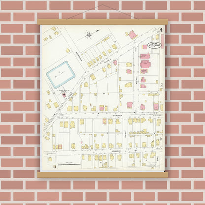 Old map wall art mockup — magnetic wood frame on brick wall — Sanborn Fire Insurance Map from Mount Pleasant, Westmoreland County, Pennsylvania (1908), Sheet #0004