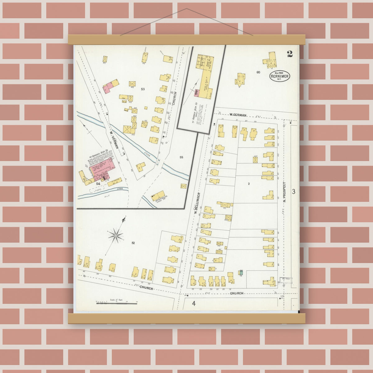 Old map wall art mockup — magnetic wood frame on brick wall — Sanborn Fire Insurance Map from Herkimer, Herkimer County, New York (1900) - Complete Map Set