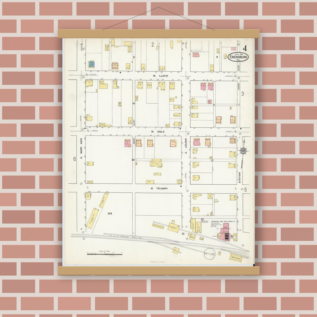 Old map wall art mockup — magnetic wood frame on brick wall — Sanborn Fire Insurance Map from Ebensburg, Cambria County, Pennsylvania (1916), Sheet #0004