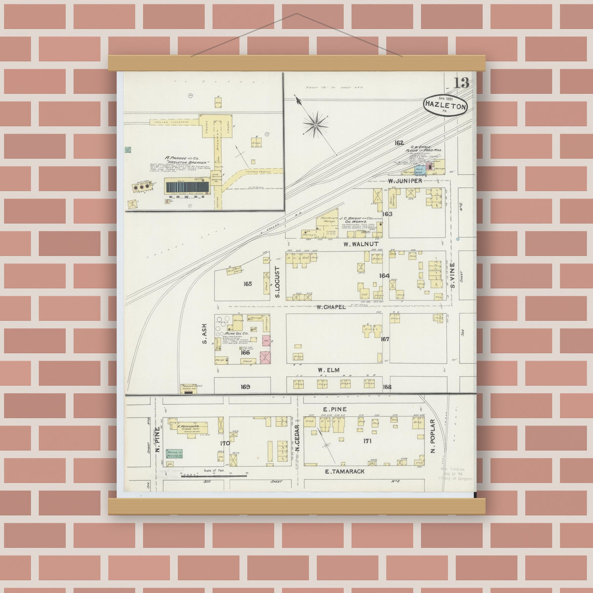 Old map wall art mockup — magnetic wood frame on brick wall — Sanborn Fire Insurance Map from Hazleton, Luzerne County, Pennsylvania (1891), Sheet #0013
