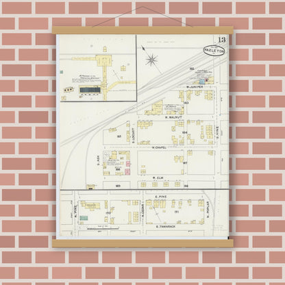 Old map wall art mockup — magnetic wood frame on brick wall — Sanborn Fire Insurance Map from Hazleton, Luzerne County, Pennsylvania (1891), Sheet #0013