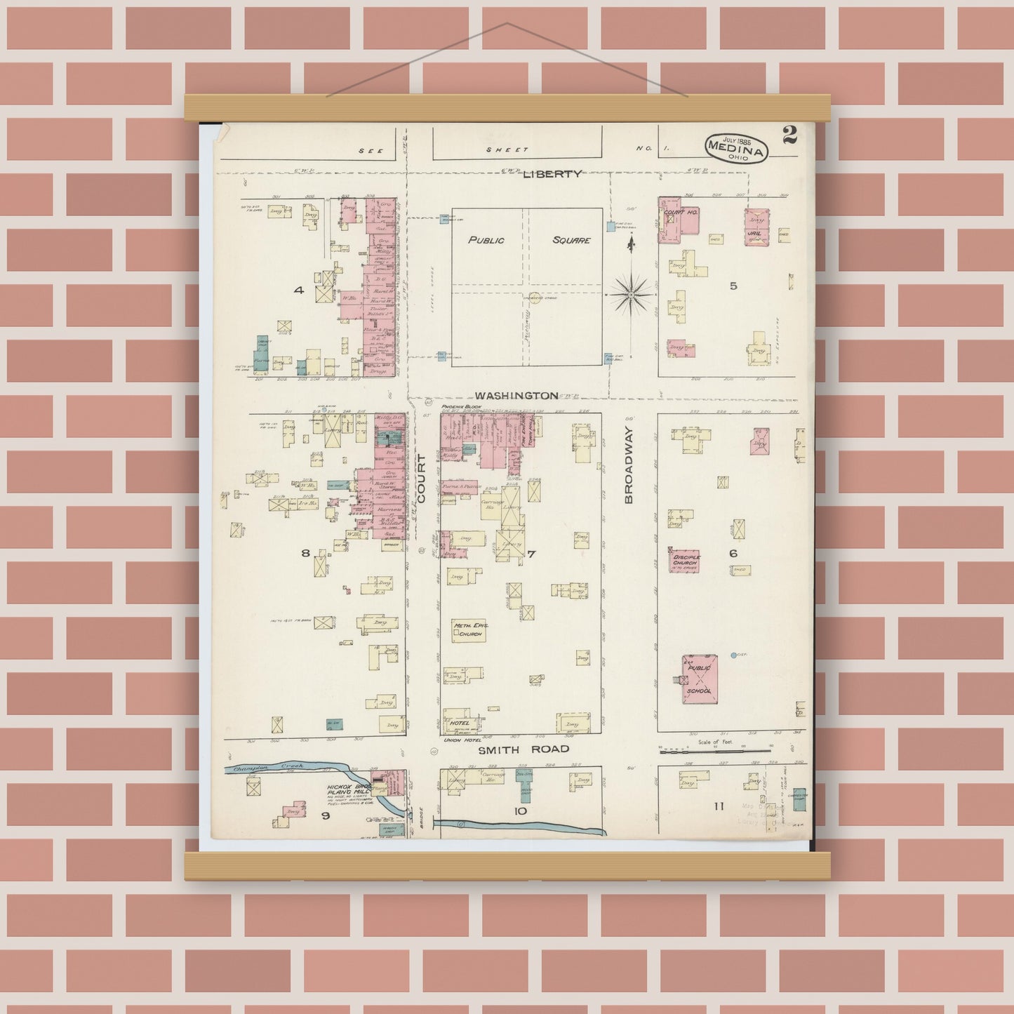 Old map wall art mockup — magnetic wood frame on brick wall — Sanborn Fire Insurance Map from Medina, Medina County, Ohio (1885), Sheet #0002