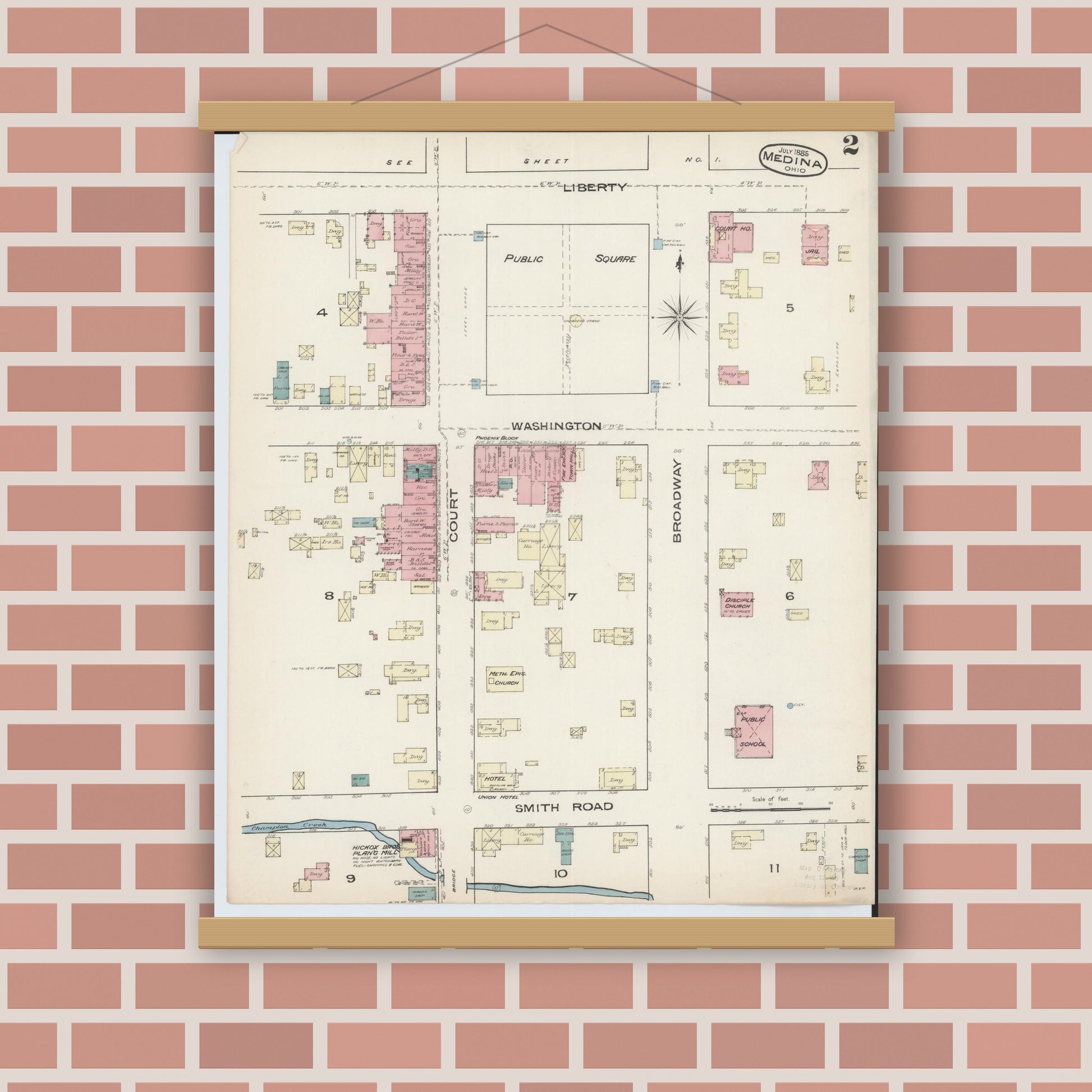 Old map wall art mockup — magnetic wood frame on brick wall — Sanborn Fire Insurance Map from Medina, Medina County, Ohio (1885), Sheet #0002