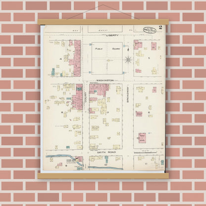 Old map wall art mockup — magnetic wood frame on brick wall — Sanborn Fire Insurance Map from Medina, Medina County, Ohio (1885), Sheet #0002