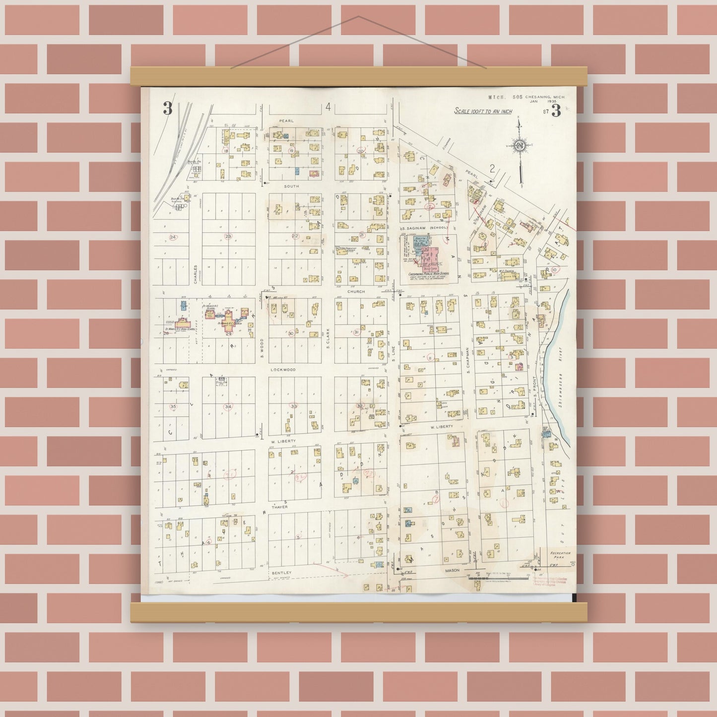 Old map wall art mockup — magnetic wood frame on brick wall — Sanborn Fire Insurance Map from Chesaning, Saginaw County, Michigan (1944), Sheet #0003