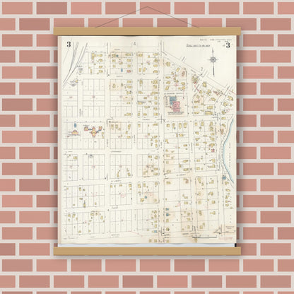 Old map wall art mockup — magnetic wood frame on brick wall — Sanborn Fire Insurance Map from Chesaning, Saginaw County, Michigan (1944), Sheet #0003