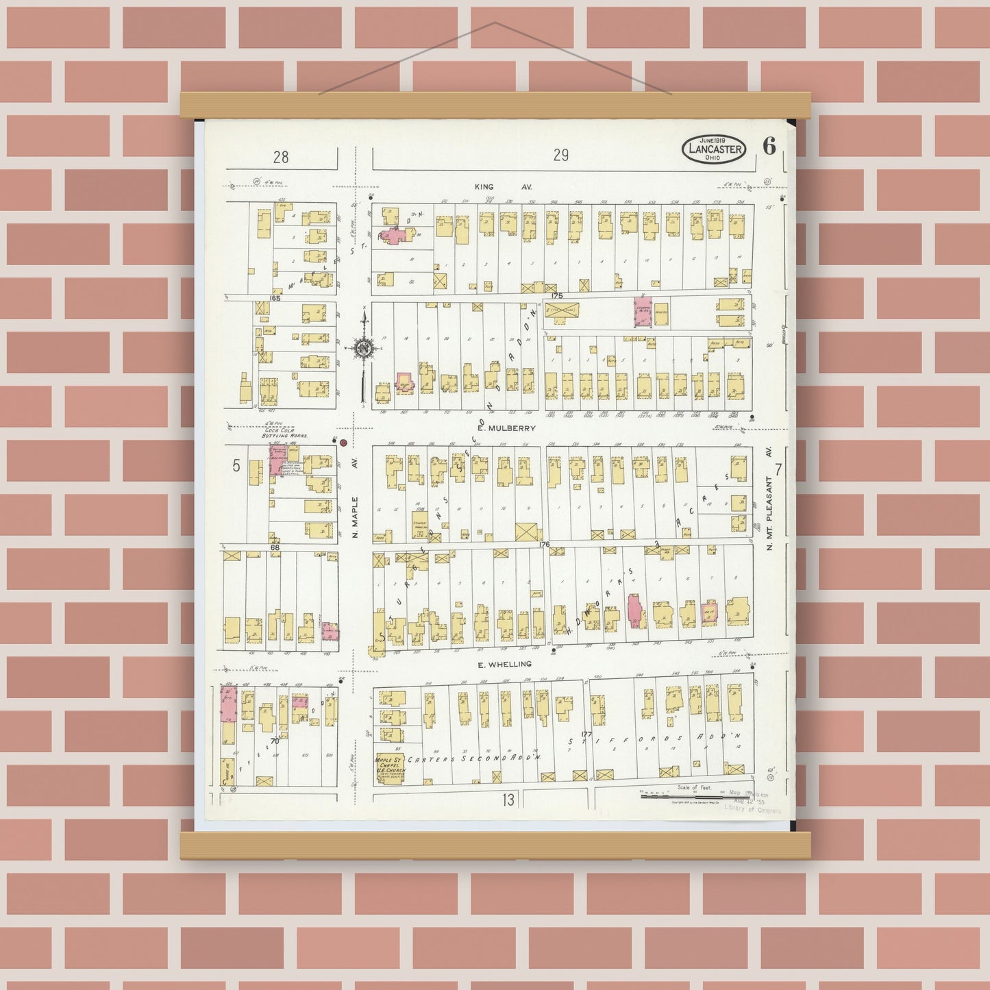 Old map wall art mockup — magnetic wood frame on brick wall — Sanborn Fire Insurance Map from Lancaster, Fairfield County, Ohio (1919), Sheet #0006