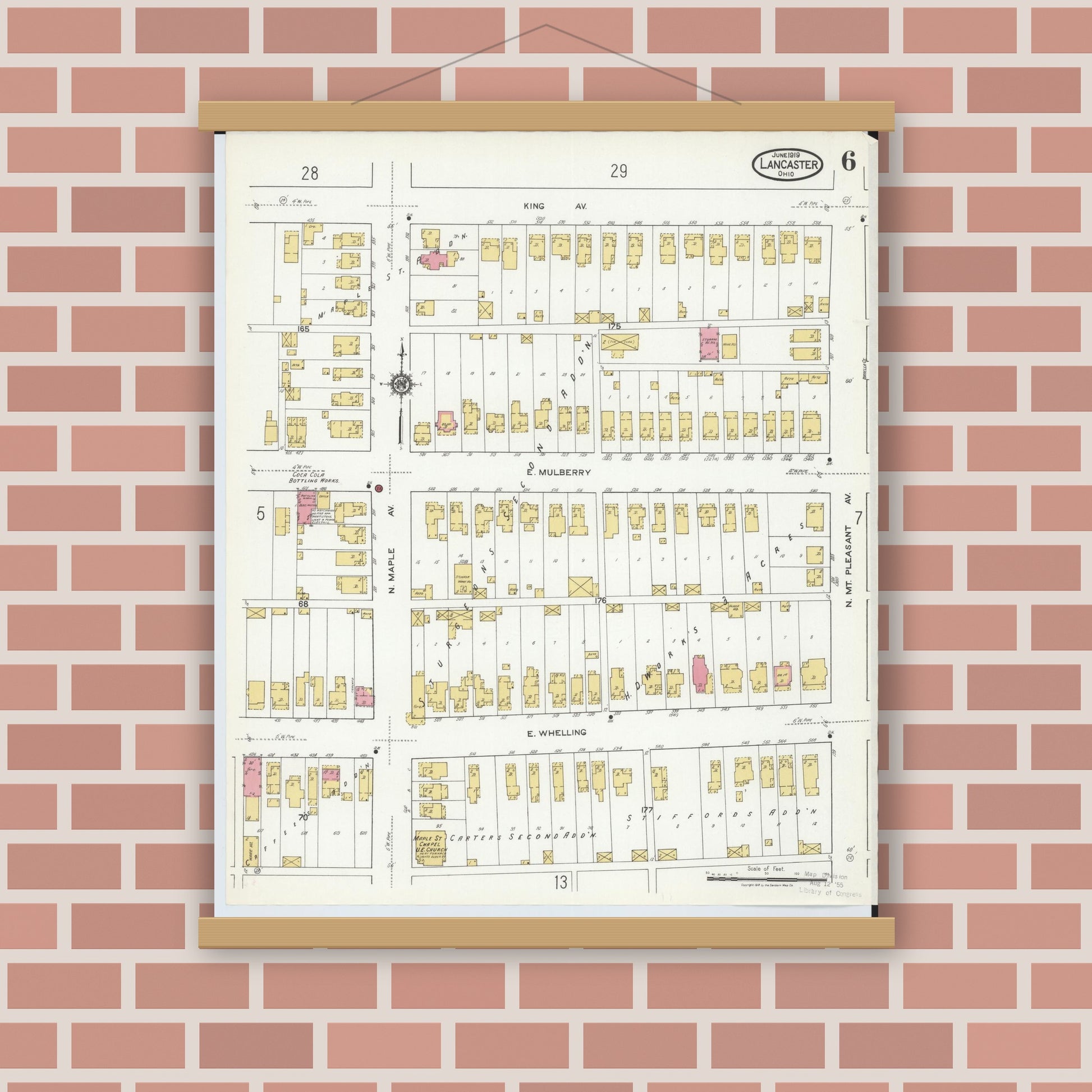 Old map wall art mockup — magnetic wood frame on brick wall — Sanborn Fire Insurance Map from Lancaster, Fairfield County, Ohio (1919), Sheet #0006