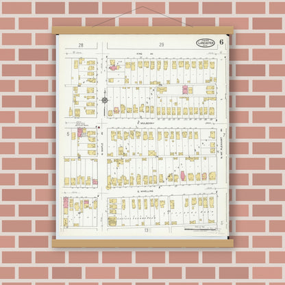 Old map wall art mockup — magnetic wood frame on brick wall — Sanborn Fire Insurance Map from Lancaster, Fairfield County, Ohio (1919), Sheet #0006