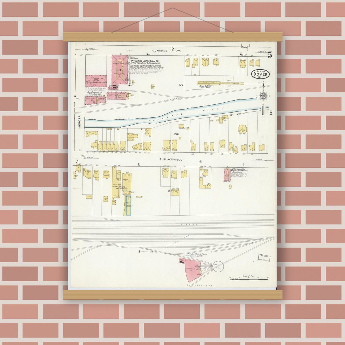 Old map wall art mockup — magnetic wood frame on brick wall — Sanborn Fire Insurance Map from Dover, Morris County, New Jersey (1916), Sheet #0005