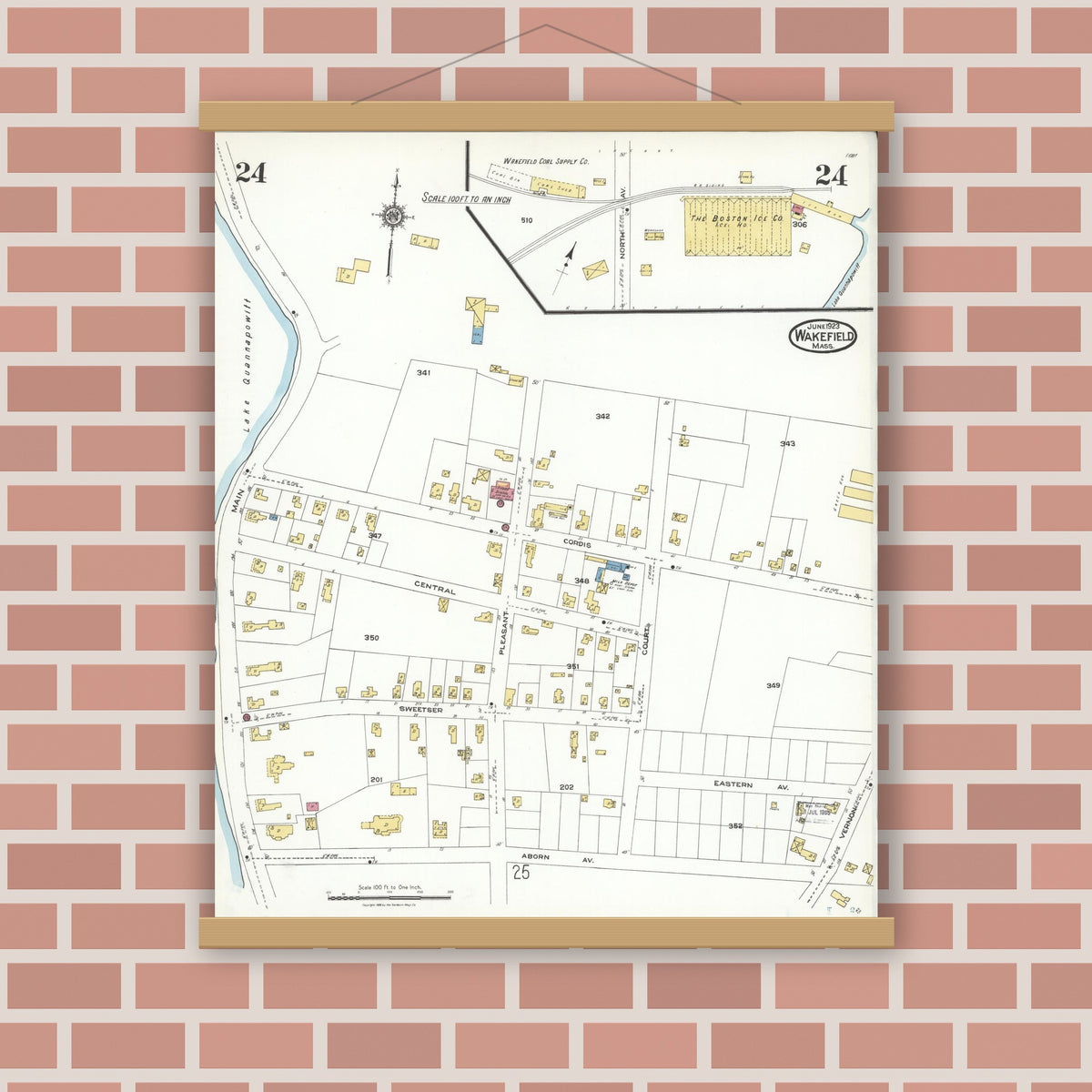 Old map wall art mockup — magnetic wood frame on brick wall — Sanborn Fire Insurance Map from Wakefield, Middlesex County, Massachusetts (1923), Sheet #0024