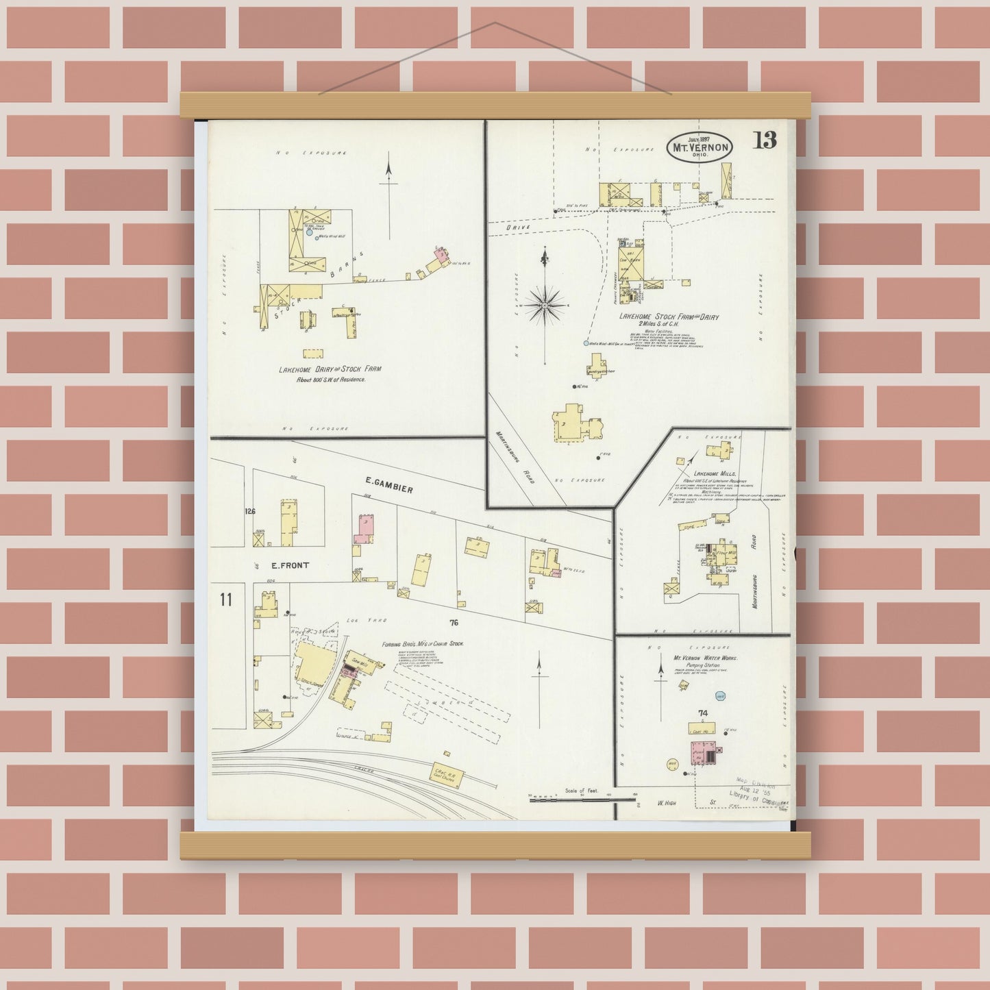Old map wall art mockup — magnetic wood frame on brick wall — Sanborn Fire Insurance Map from Mount Vernon, Knox County, Ohio (1897), Sheet #0013
