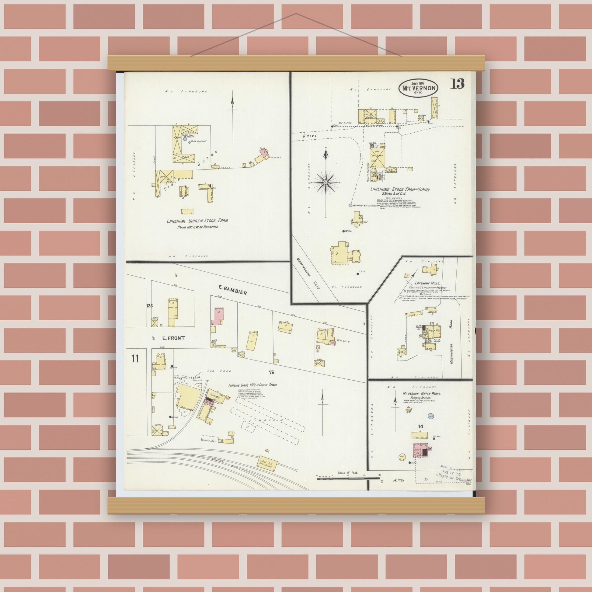 Old map wall art mockup — magnetic wood frame on brick wall — Sanborn Fire Insurance Map from Mount Vernon, Knox County, Ohio (1897), Sheet #0013