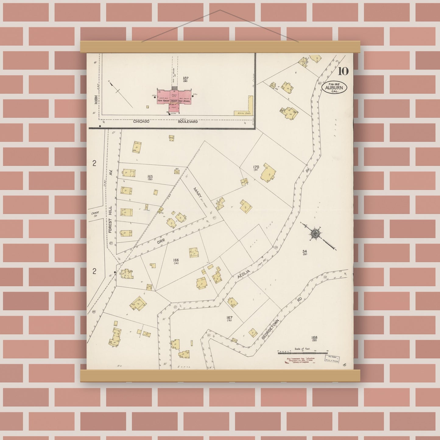 Old map wall art mockup — magnetic wood frame on brick wall — Sanborn Fire Insurance Map from Auburn, Placer County, California (1912), Sheet #0010