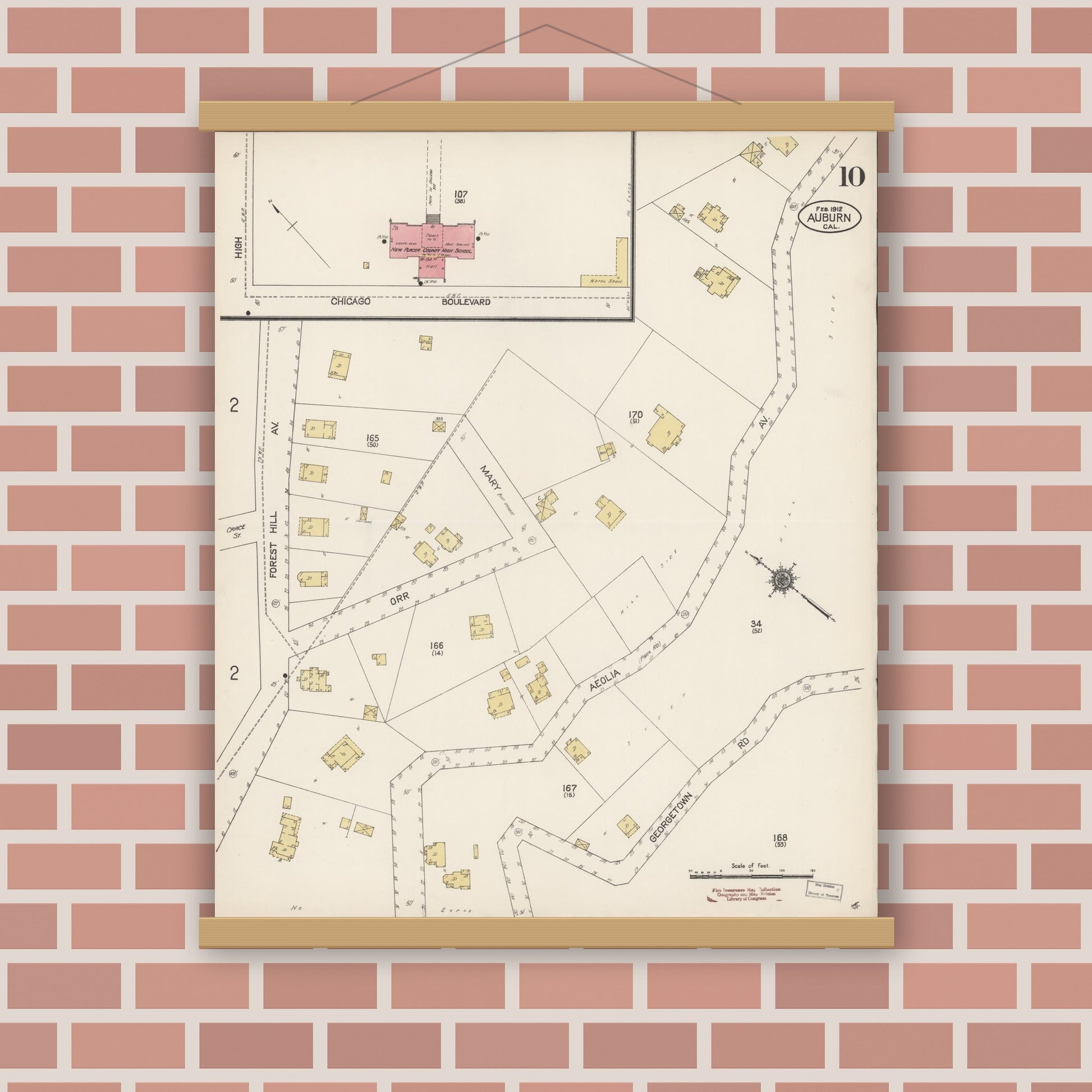 Old map wall art mockup — magnetic wood frame on brick wall — Sanborn Fire Insurance Map from Auburn, Placer County, California (1912), Sheet #0010