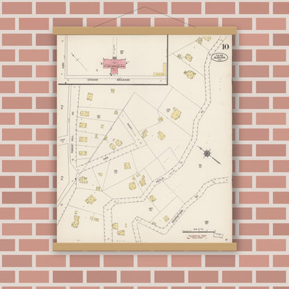Old map wall art mockup — magnetic wood frame on brick wall — Sanborn Fire Insurance Map from Auburn, Placer County, California (1912), Sheet #0010