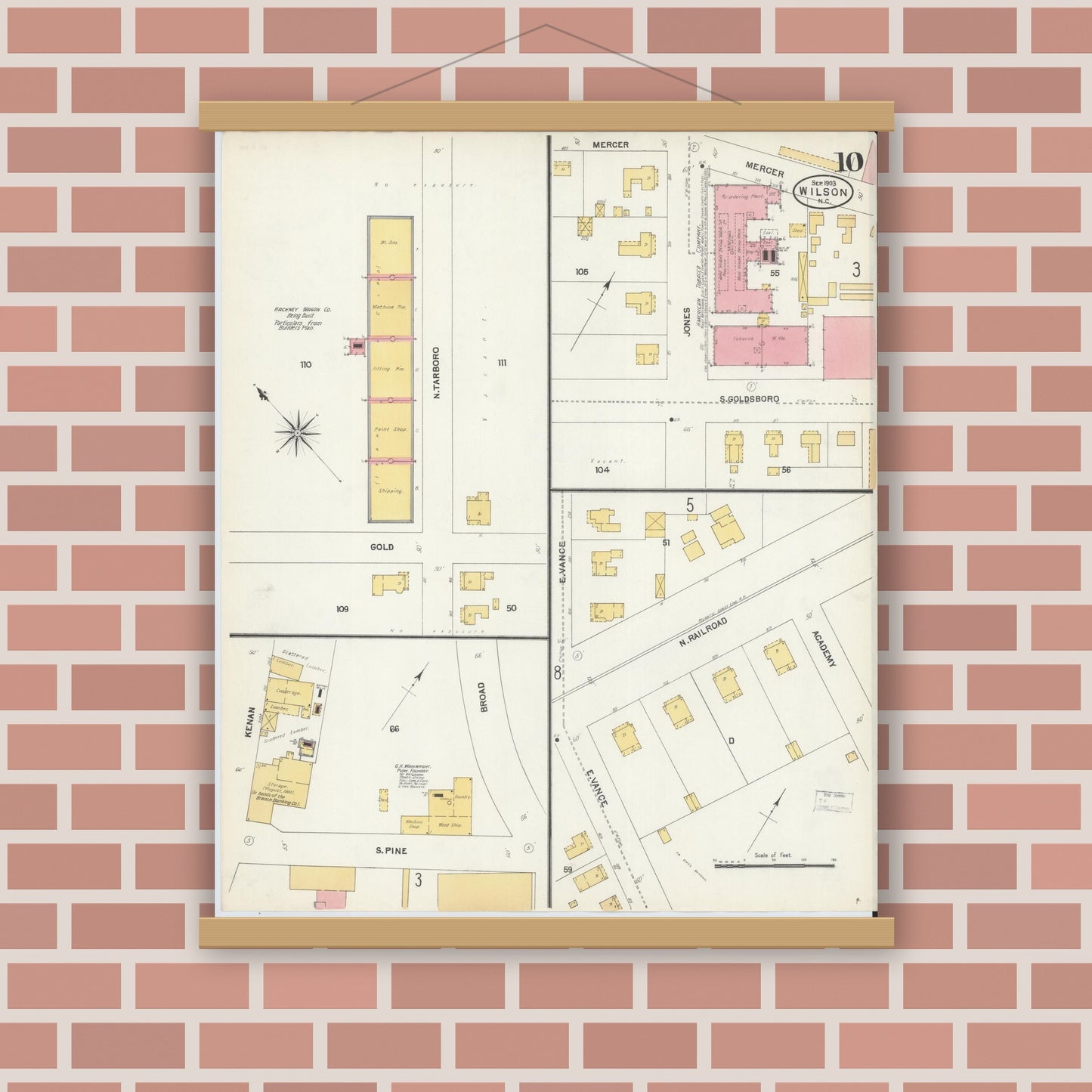 Old map wall art mockup — magnetic wood frame on brick wall — Sanborn Fire Insurance Map from Wilson, Wilson County, North Carolina (1903), Sheet #0010