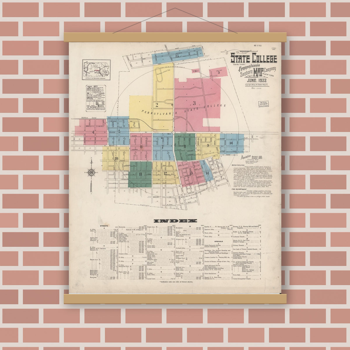 Old map wall art mockup — magnetic wood frame on brick wall — Sanborn Fire Insurance Map from State College, Centre County, Pennsylvania (1922) - Complete Map Set