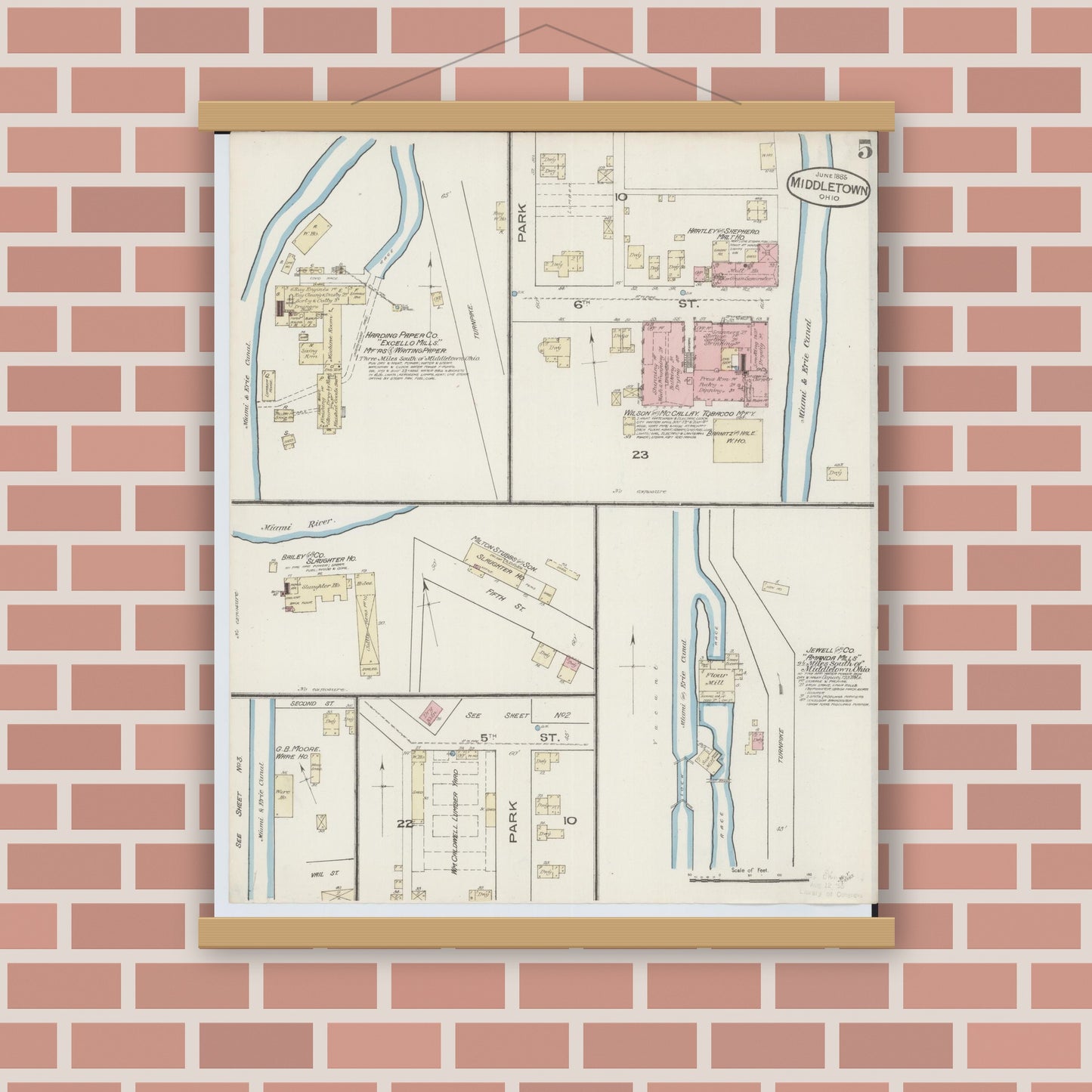 Old map wall art mockup — magnetic wood frame on brick wall — Sanborn Fire Insurance Map from Middletown, Butler County, Ohio (1885), Sheet #0005