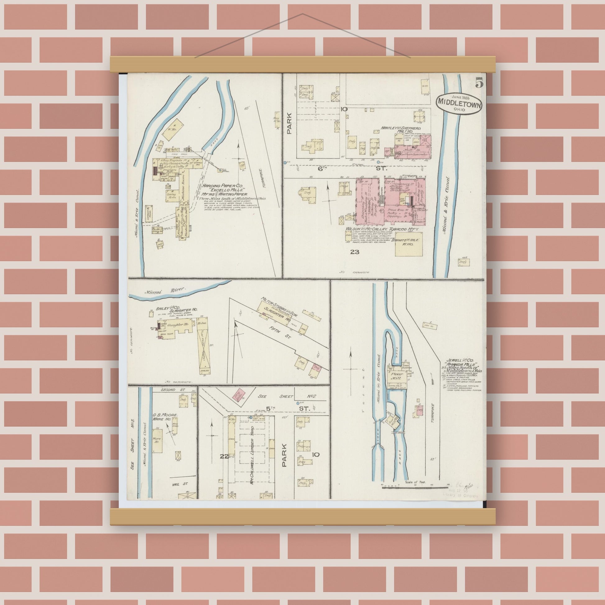 Old map wall art mockup — magnetic wood frame on brick wall — Sanborn Fire Insurance Map from Middletown, Butler County, Ohio (1885), Sheet #0005