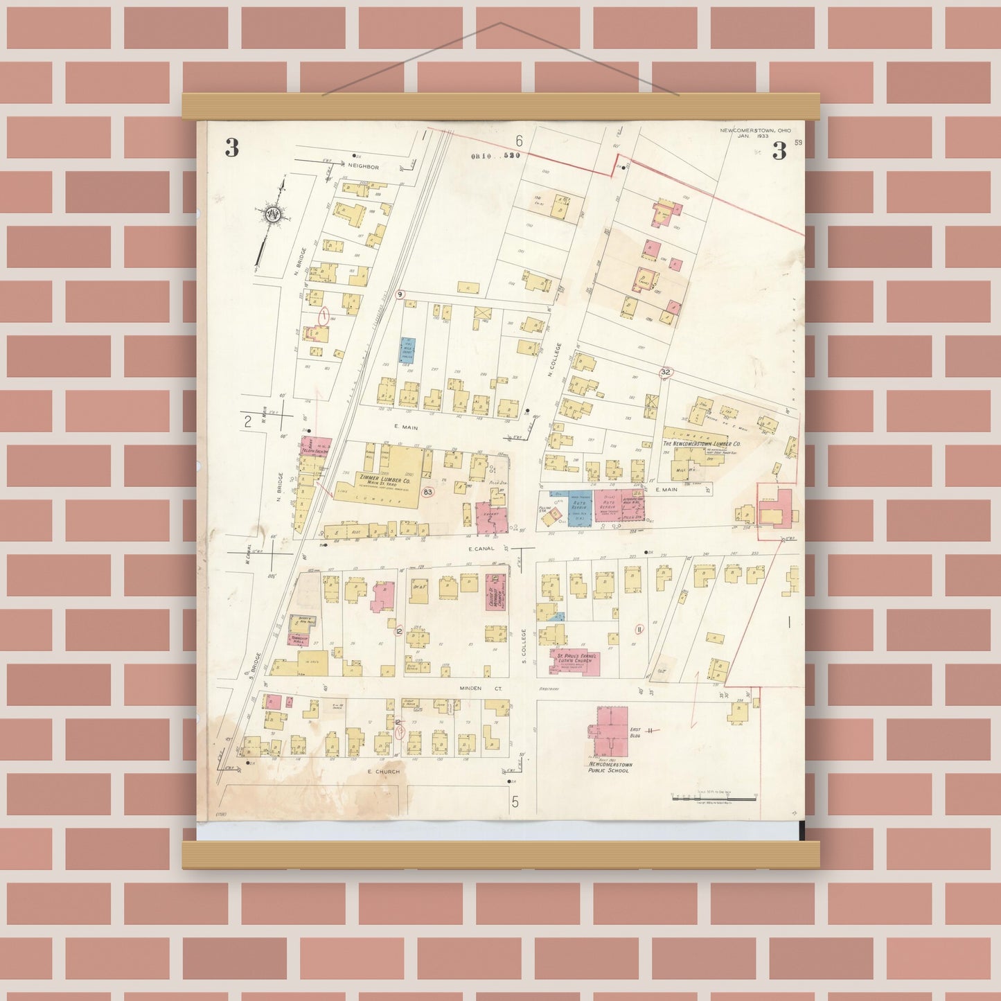 Old map wall art mockup — magnetic wood frame on brick wall — Sanborn Fire Insurance Map from Newcomerstown, Tuscarawas County, Ohio (1933), Sheet #0003