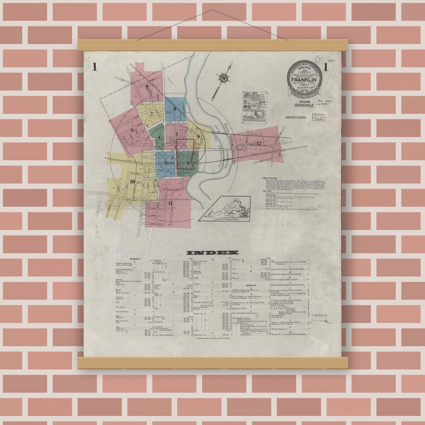 Old map wall art mockup — magnetic wood frame on brick wall — Sanborn Fire Insurance Map from Franklin, Independent Cities, Virginia (1923) - Complete Map Set