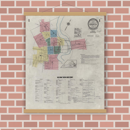Old map wall art mockup — magnetic wood frame on brick wall — Sanborn Fire Insurance Map from Franklin, Independent Cities, Virginia (1923) - Complete Map Set
