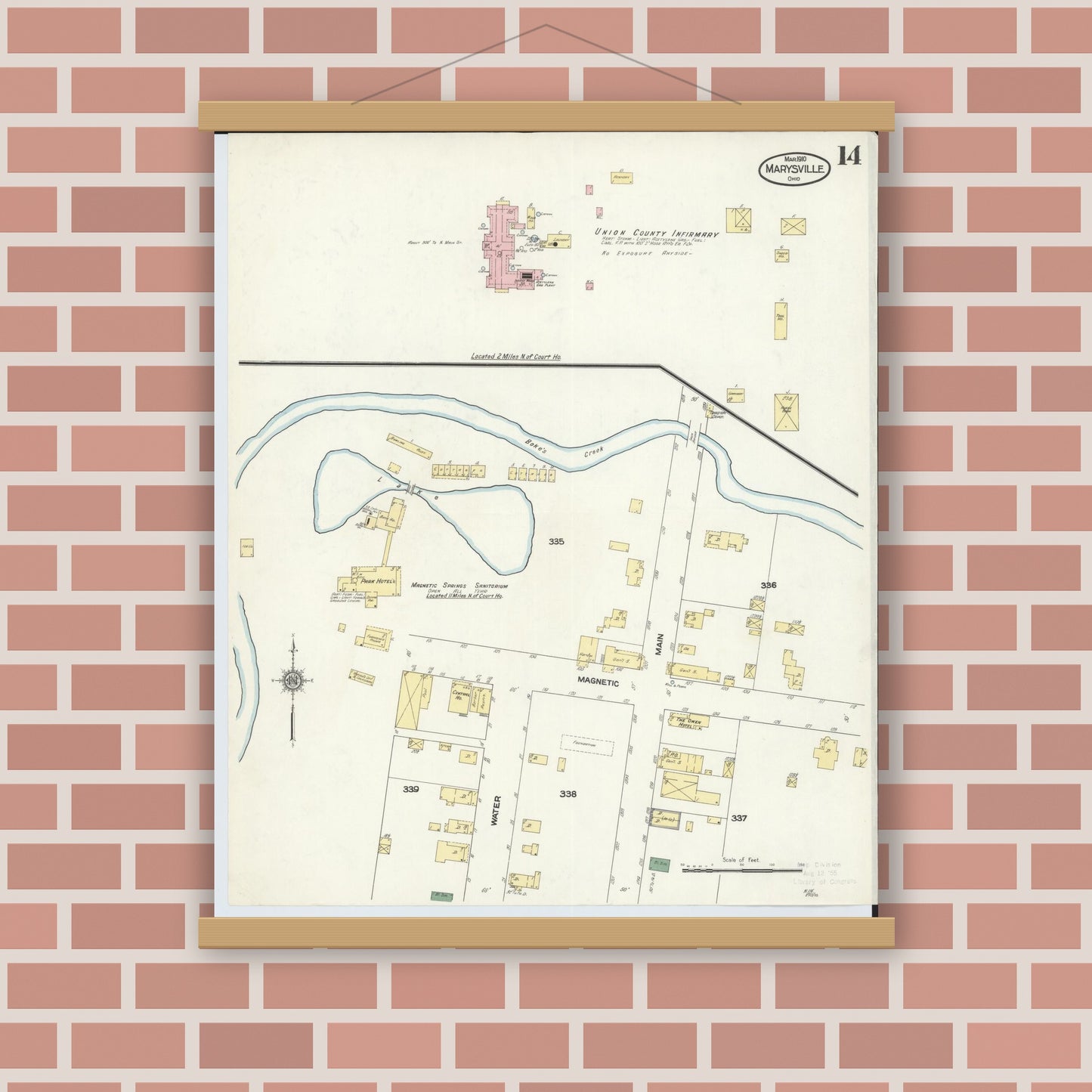 Old map wall art mockup — magnetic wood frame on brick wall — Sanborn Fire Insurance Map from Marysville, Union County, Ohio (1910), Sheet #0014