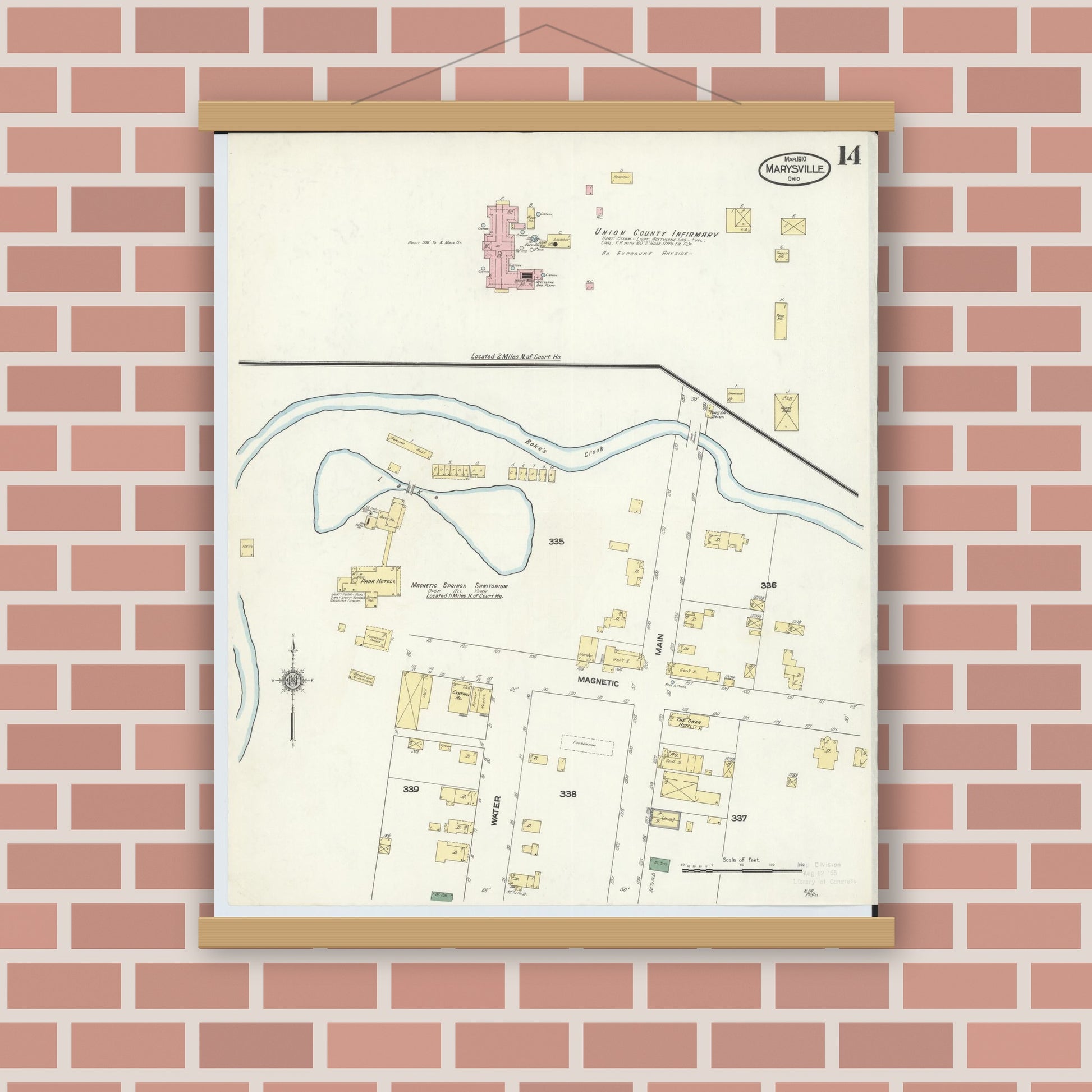 Old map wall art mockup — magnetic wood frame on brick wall — Sanborn Fire Insurance Map from Marysville, Union County, Ohio (1910), Sheet #0014