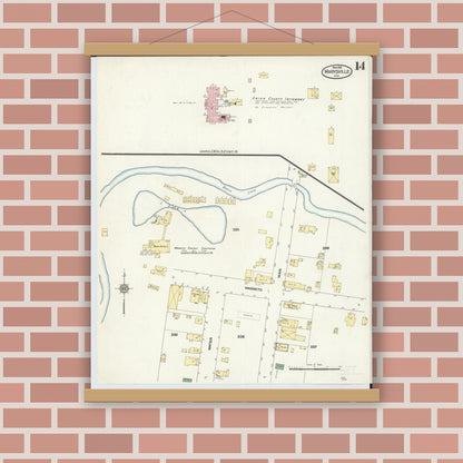 Old map wall art mockup — magnetic wood frame on brick wall — Sanborn Fire Insurance Map from Marysville, Union County, Ohio (1910), Sheet #0014