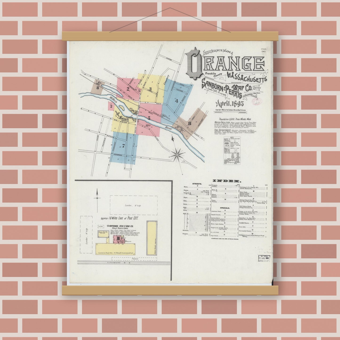 Old map wall art mockup — magnetic wood frame on brick wall — Sanborn Fire Insurance Map from Orange, Franklin County, Massachusetts (1895), Sheet #0001