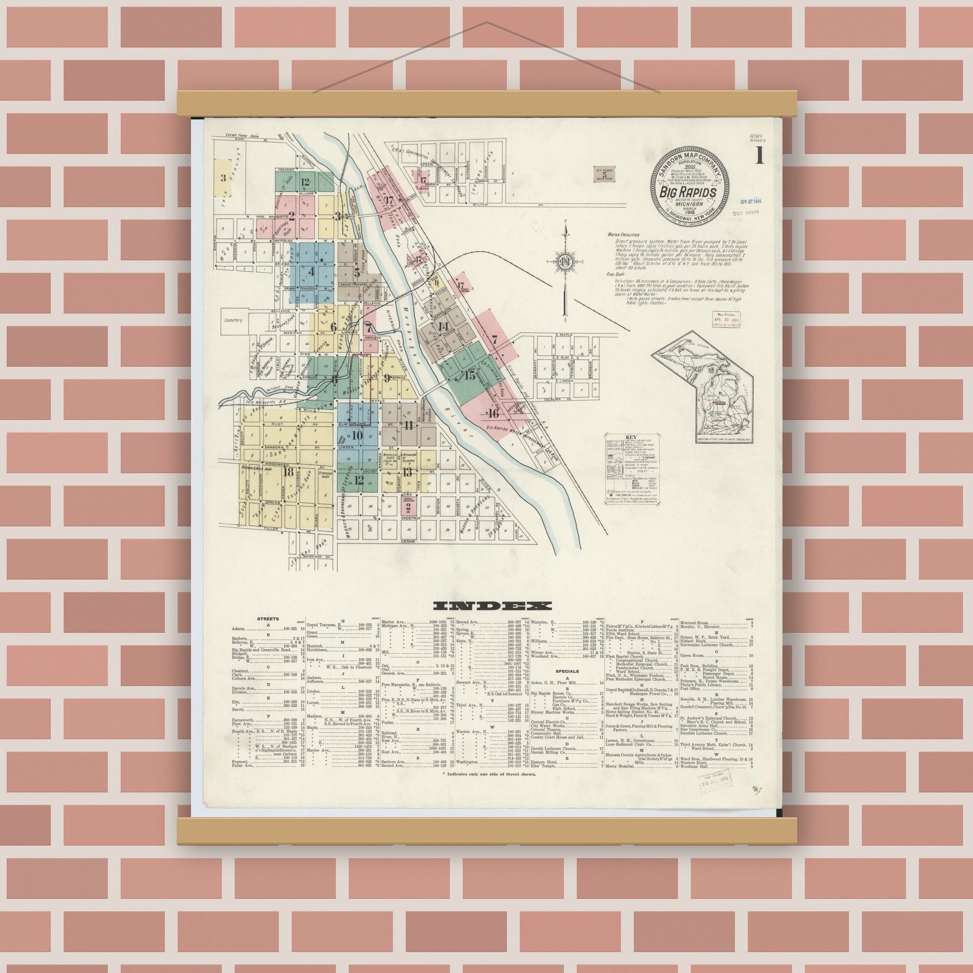 Old map wall art mockup — magnetic wood frame on brick wall — Sanborn Fire Insurance Map from Big Rapids, Mecosta County, Michigan (1914) - Complete Map Set