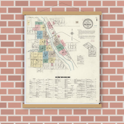 Old map wall art mockup — magnetic wood frame on brick wall — Sanborn Fire Insurance Map from Big Rapids, Mecosta County, Michigan (1914) - Complete Map Set