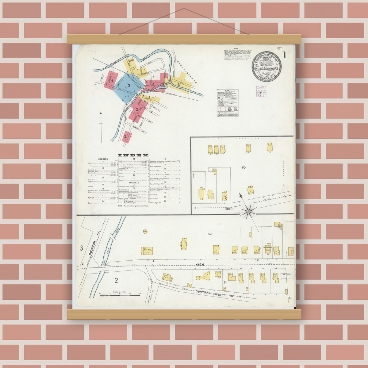 Old map wall art mockup — magnetic wood frame on brick wall — Sanborn Fire Insurance Map from Butler, Morris County, New Jersey (1905) - Complete Map Set