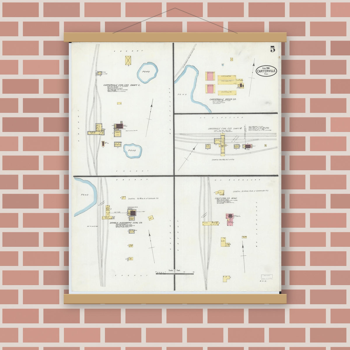 Old map wall art mockup — magnetic wood frame on brick wall — Sanborn Fire Insurance Map from Carterville, Williamson County, Illinois (1906), Sheet #0005