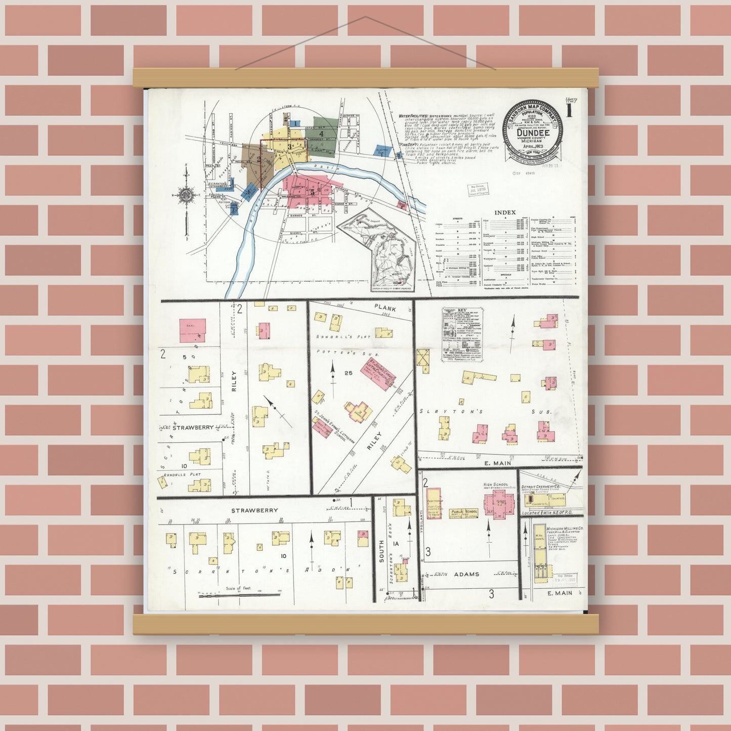 Old map wall art mockup — magnetic wood frame on brick wall — Sanborn Fire Insurance Map from Dundee, Monroe County, Michigan (1923), Sheet #0001