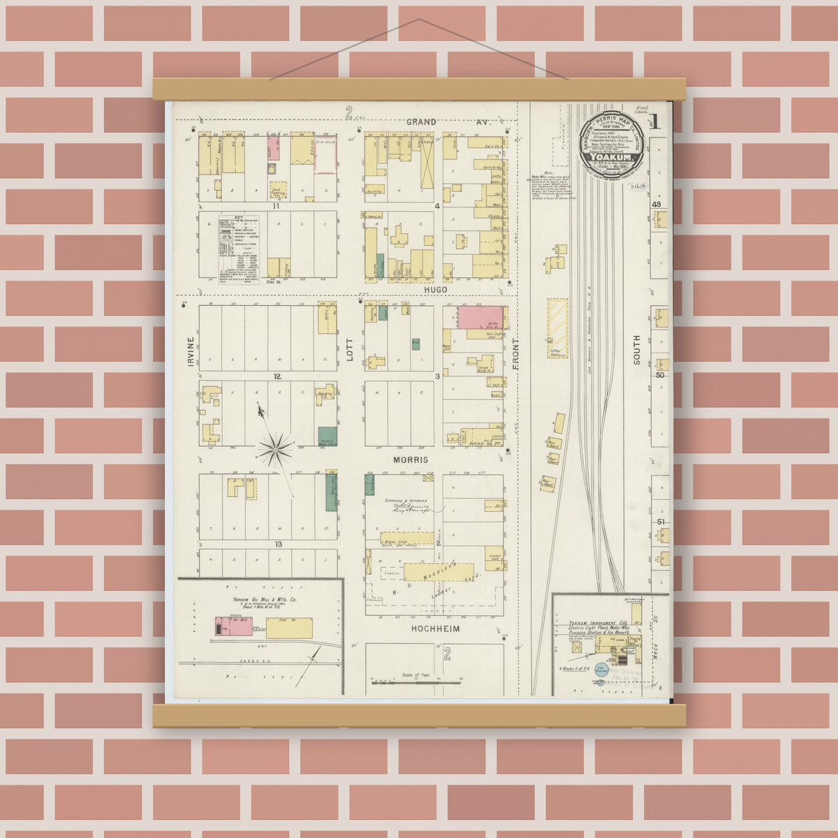 Old map wall art mockup — magnetic wood frame on brick wall — Sanborn Fire Insurance Map from Yoakum, De Witt And Lavaca Counties, Texas (1894) - Complete Map Set