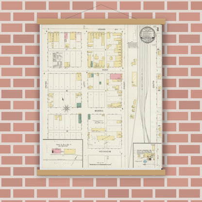 Old map wall art mockup — magnetic wood frame on brick wall — Sanborn Fire Insurance Map from Yoakum, De Witt And Lavaca Counties, Texas (1894) - Complete Map Set