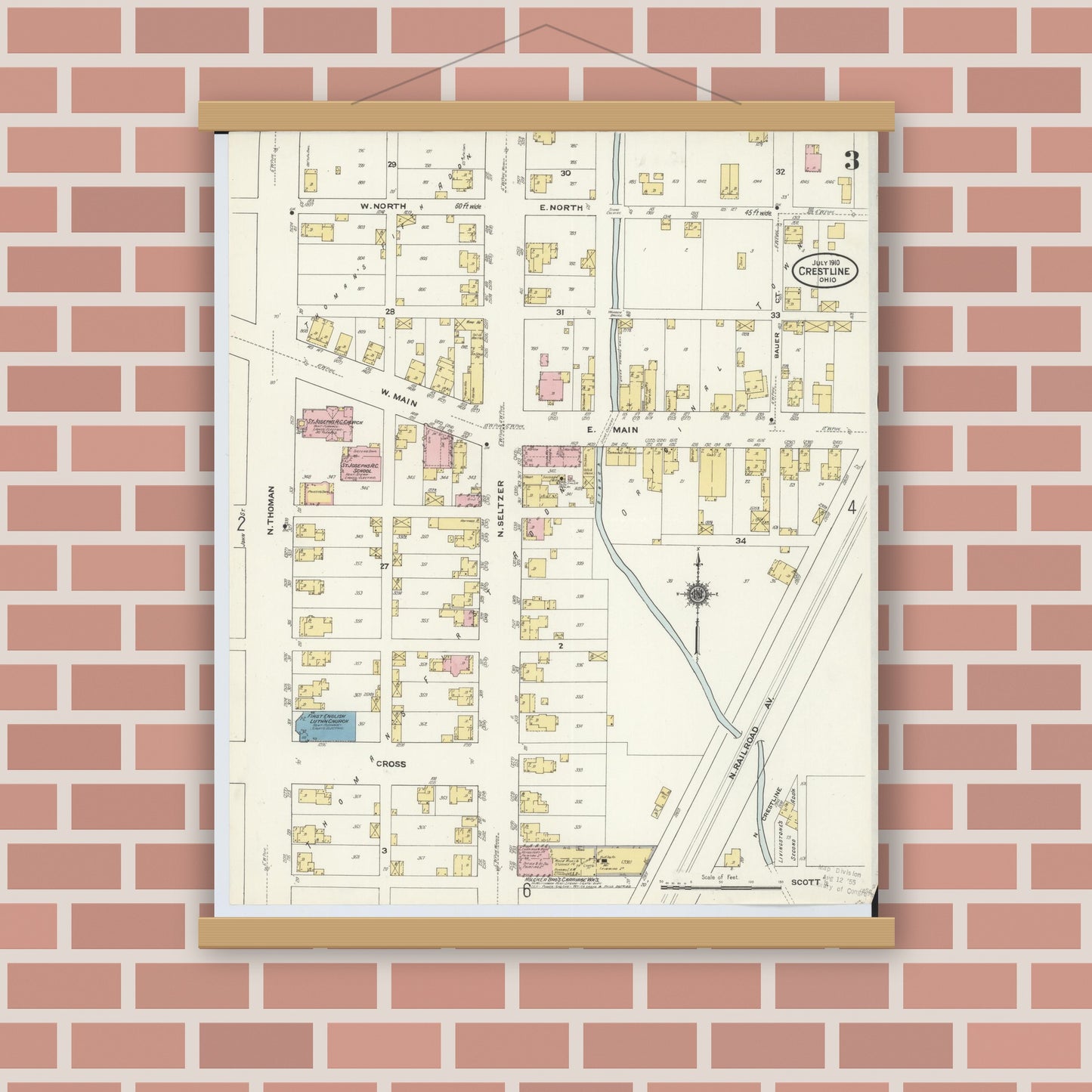 Old map wall art mockup — magnetic wood frame on brick wall — Sanborn Fire Insurance Map from Crestline, Crawford County, Ohio (1910), Sheet #0003