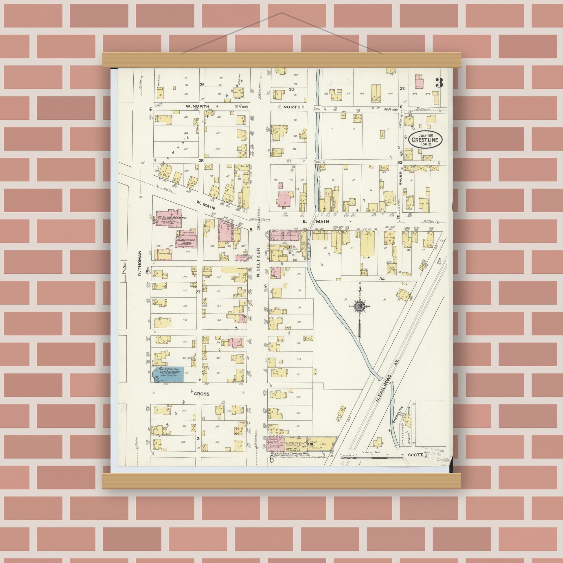 Old map wall art mockup — magnetic wood frame on brick wall — Sanborn Fire Insurance Map from Crestline, Crawford County, Ohio (1910), Sheet #0003