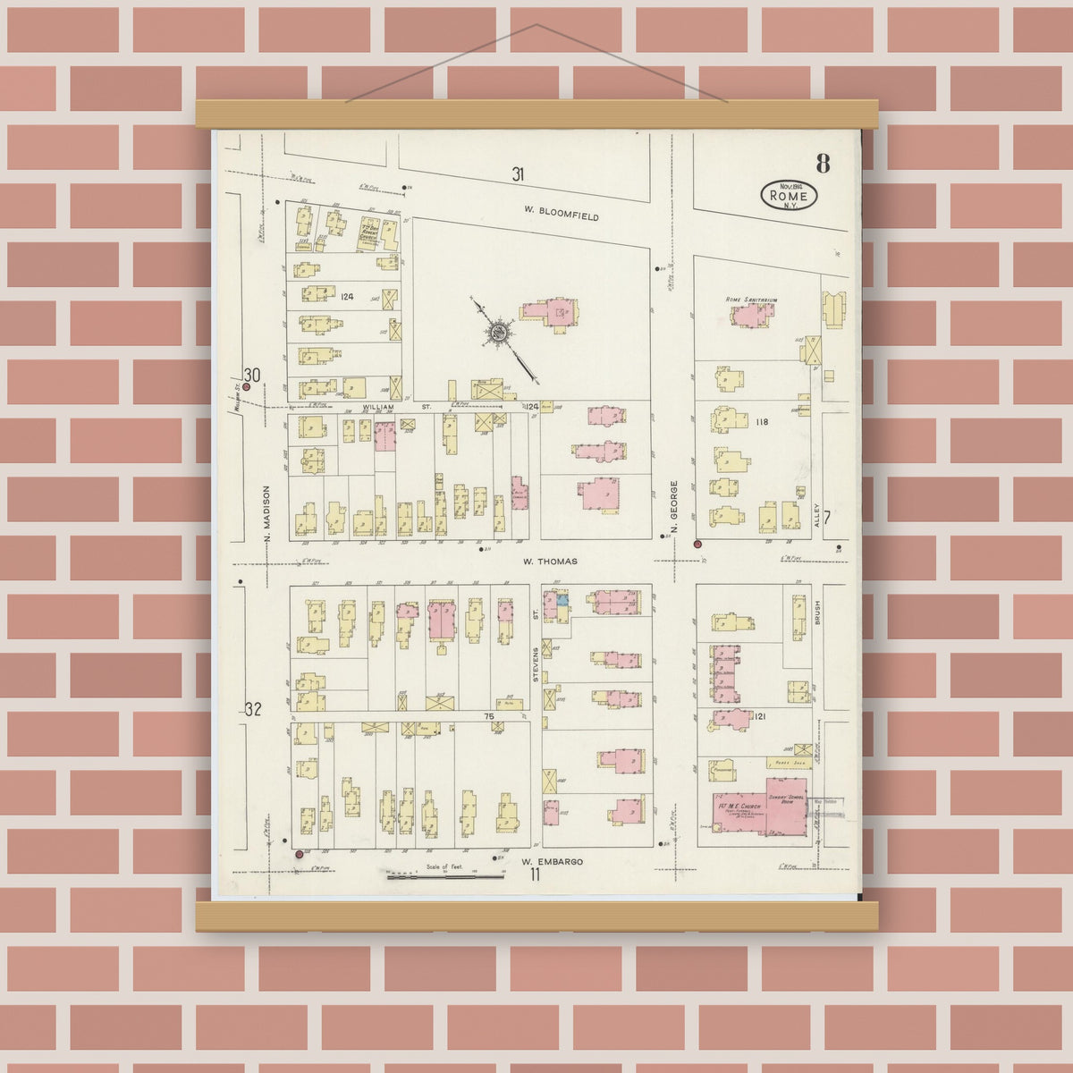 Old map wall art mockup — magnetic wood frame on brick wall — Sanborn Fire Insurance Map from Rome, Oneida County, New York (1914), Sheet #0008