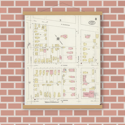 Old map wall art mockup — magnetic wood frame on brick wall — Sanborn Fire Insurance Map from Rome, Oneida County, New York (1914), Sheet #0008