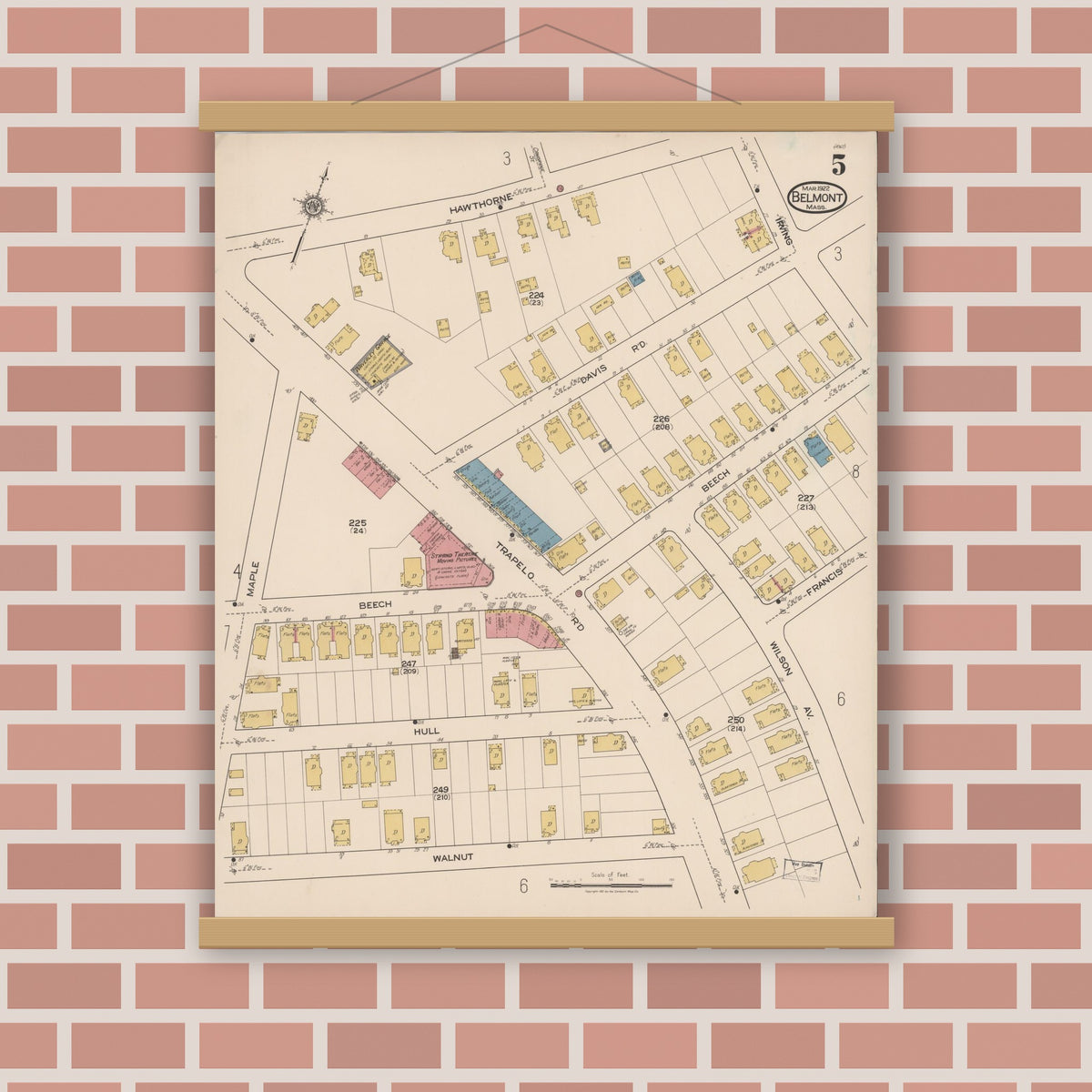 Old map wall art mockup — magnetic wood frame on brick wall — Sanborn Fire Insurance Map from Belmont, Middlesex County, Massachusetts (1922), Sheet #0005